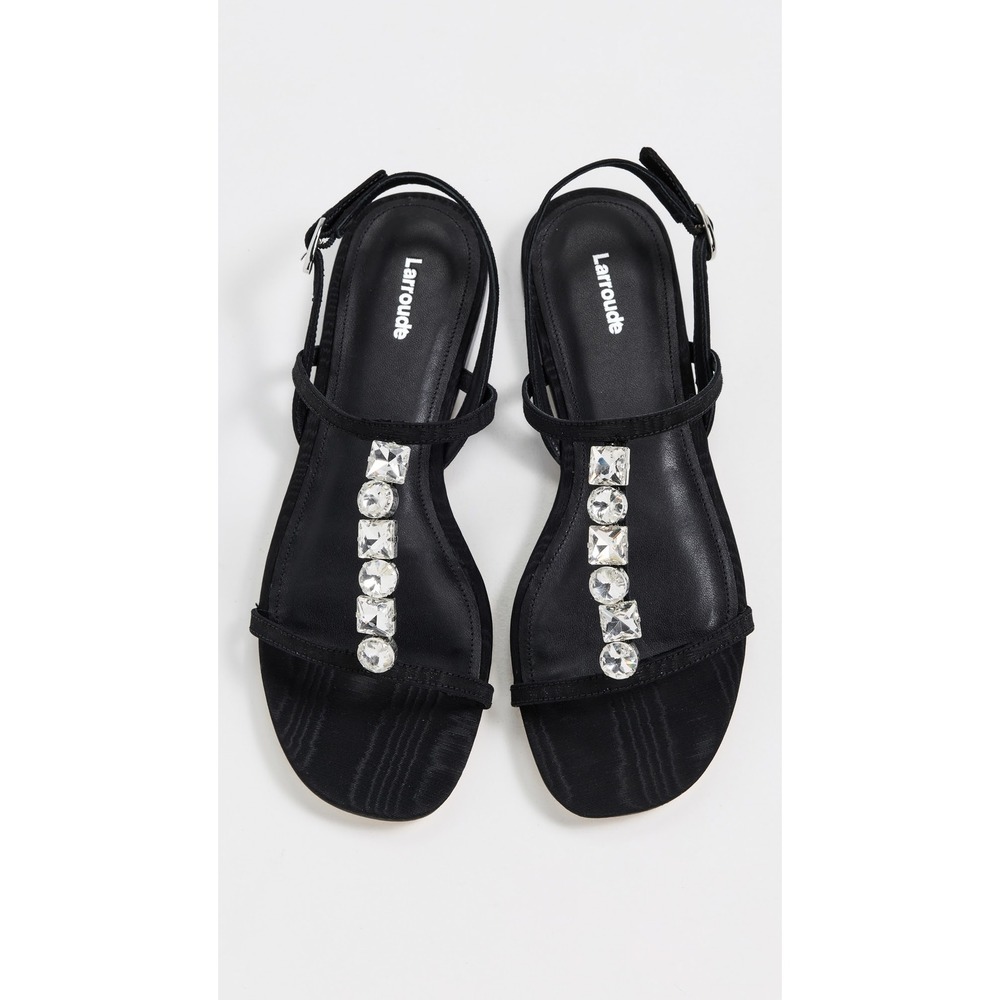 Larroude Black Satin Crystal Embellished T-Strap Flat Sandals Slingback New